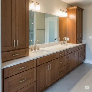 A large, dual-sink wood bathroom vanity with ample storage provided by multiple cabinets and drawers, suitable for a master bathroom.