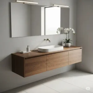 "Sleek, modern floating walnut bathroom vanity, mounted on the wall to create an airy feel and maximize floor space in a contemporary bathroom."