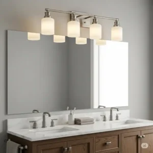 A four-light bathroom vanity lights brushed nickel bar, ideal for larger vanities.
