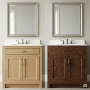 Comparison of a light, natural oak bathroom vanity next to a darker, stained oak version, illustrating the range of available finishes.