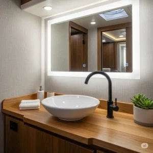 A chic, shallow vessel-style bathroom sink for motorhome placed on a wood countertop in a luxury motorhome, showcasing a modern interior design.