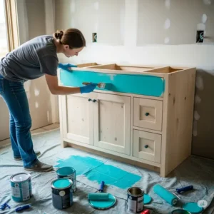 A homeowner painting their unfinished bathroom vanity a vibrant color, demonstrating a simple DIY way to personalize a new piece.