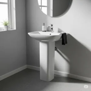 An elegant, freestanding pedestal modern bathroom sink with a glossy finish, ideal for small bathrooms and powder rooms.