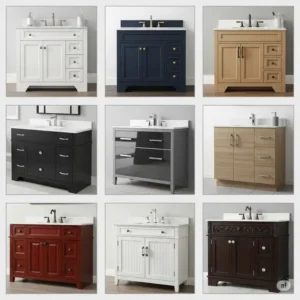 A collage of various RTA bathroom vanity cabinets styles, including shaker, modern, and traditional designs, to show available options.