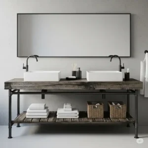 A double-sink rustic industrial bathroom vanity with an open bottom shelf for storing towels and baskets, emphasizing a spacious, minimalist design.