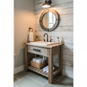 A small rustic looking bathroom vanities for a powder room, featuring a weathered barn wood finish and a single-hole faucet.