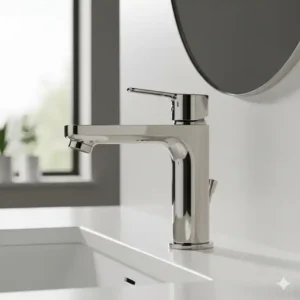 A minimalist, single-hole polished nickel bathroom faucet with a single lever handle for easy temperature and flow control, perfect for a contemporary bathroom design.
