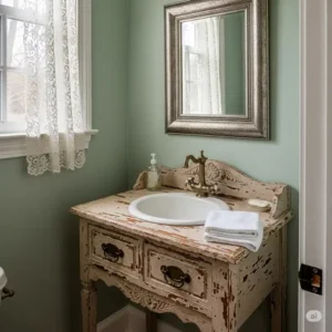 A compact, small antique vanity with a distressed finish, perfect for a powder room or a small bathroom.