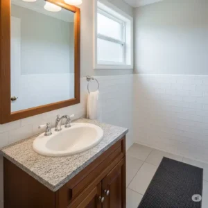 A compact bathroom is enhanced by a small, classic drop in bathroom sinks, which provides a functional and space-saving solution for limited countertop areas.