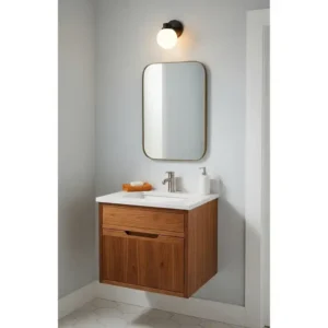 A compact, space-saving mid century modern bathroom vanity perfect for a powder room or small guest bathroom.