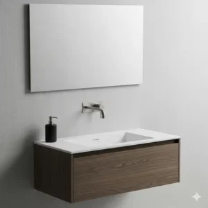 A wall-mounted faucet paired with a slim vanity, a smart choice for small sinks and vanities for small bathrooms with minimal counter space.