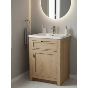 A compact single-sink white oak bathroom vanity perfect for a small powder room, offering efficient storage and a warm, natural feel to the space.