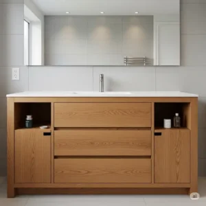 A functional solid wood bathroom vanity with ample storage provided by soft-close drawers and concealed shelving, perfect for keeping a bathroom organized and clutter-free.