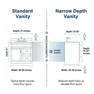 An infographic comparing the dimensions and space-saving benefits of a standard vanity versus a narrow depth bathroom vanity.