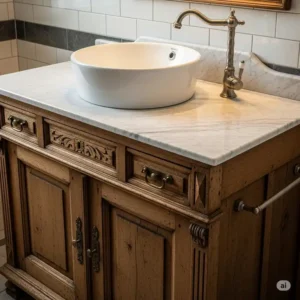 A white ceramic vessel sink mounted on a marble countertop, retrofitted onto an antique cabinet bathroom vanity.