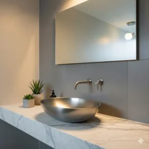 A contemporary bathroom with a stylish vessel stainless steel bathroom sink.
