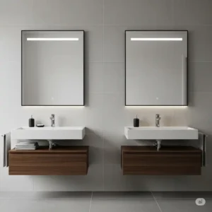 Two identical wall mounted bathroom sinks with individual mirrors and lighting. This configuration is perfect for a master bathroom, offering both functionality and a symmetrical design.