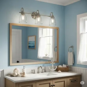 A coastal-themed bathroom featuring bathroom vanity lights brushed nickel against a light blue wall.