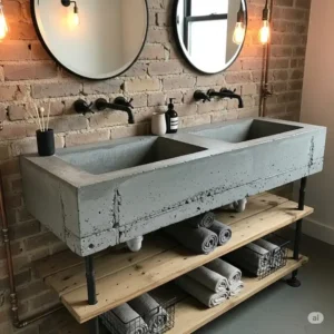 An industrial-style concrete double sink bathroom vanity top with a built-in trough sink, ideal for a contemporary or urban loft bathroom design.