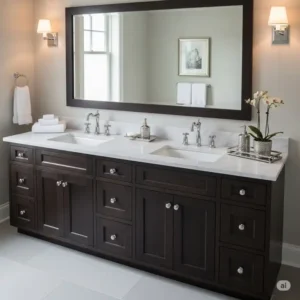 A luxurious dark espresso-finished solid wood bathroom vanity paired with a white countertop, providing a striking contrast and a touch of timeless elegance.