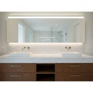 A double modern bathroom sink vanity with two separate basins and a large mirror, perfect for a master bathroom.