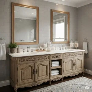 A large, double-sink antique bathroom vanity with two mirrors and ample counter space, ideal for a master bathroom.