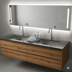 A double basin stainless steel bathroom sink setup for a shared space.