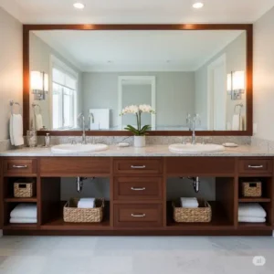 A spacious master bathroom vanity features two symmetrical under counter bathroom sinks, perfect for shared spaces.
