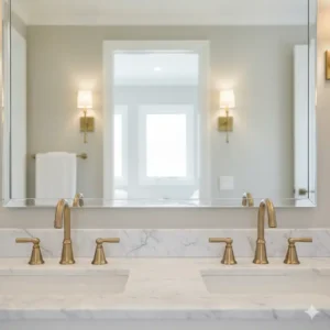Two matching brushed gold bathroom faucets installed on a double vanity, creating a symmetrical and sophisticated look for a master bathroom.

