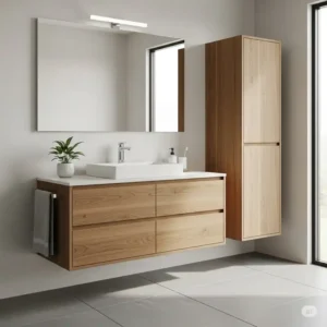 A contemporary floating bathroom vanity with a linen cabinet, creating an open and airy feel.