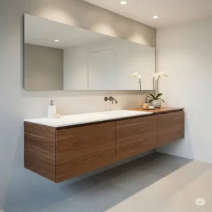 A contemporary bathroom with a floating walnut wood bathroom vanity that creates a sleek, spacious feel and makes cleaning the floor easier.
