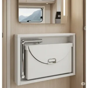 An innovative folding bathroom sink for motorhome, perfect for conserving space when the sink is not in use.