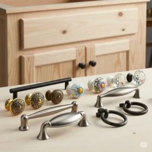 A variety of decorative hardware options, including knobs and handles, that can be added to an unfinished bathroom vanity to create a unique look.