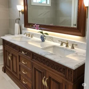 A bespoke custom-built luxury bathroom vanity, showcasing unique craftsmanship and premium materials.