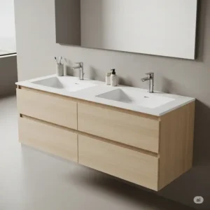 A contemporary, wall-mounted bathroom vanity with double sink from an angle, highlighting its clean lines and space-saving design.