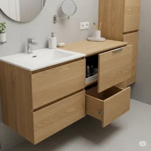 An elegant, narrow depth bathroom vanity featuring several drawers and a hidden shelf, demonstrating smart storage solutions for small bathrooms.