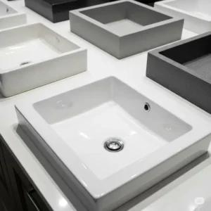 An image highlighting the various materials used for drop in bathroom sinks, such as durable porcelain, elegant ceramic, and stone composite.