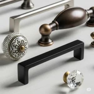 Close-up shot of different hardware choices, like handles and knobs, for RTA bathroom vanity cabinets.