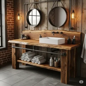 An elegant rustic industrial bathroom vanity made from reclaimed barn wood, showcasing the natural grain and texture.