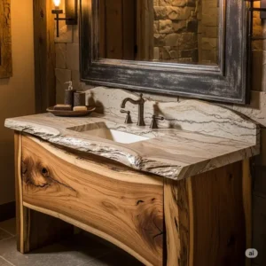 A rustic looking bathroom vanities with a live-edge wood base and a complementary natural stone countertop, blending rustic and modern elements.