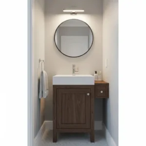 A narrow, compact vanity with a built-in sink unit, designed to fit small sinks and vanities for small bathrooms.