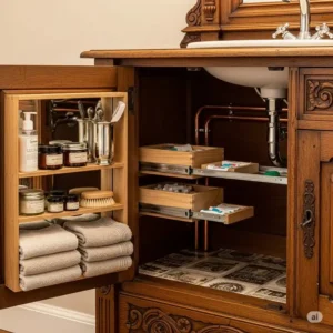 A view inside an antique cabinet bathroom vanity, showing clever storage solutions and plumbing integration.
