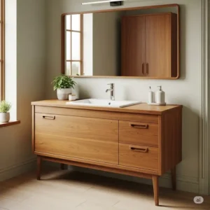 A stunning teak wood mid century modern bathroom vanity with tapered legs, showcasing the era's classic material and design.