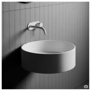 A close-up shot of a contemporary wall mounted bathroom sinks with a round basin, contrasting with the straight lines of the wall. The smooth, curved shape adds a soft touch to the bathroom.