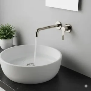 A sleek wall-mounted polished nickel bathroom faucet with a long spout, installed above a vessel sink, saving space and creating a clean aesthetic.

