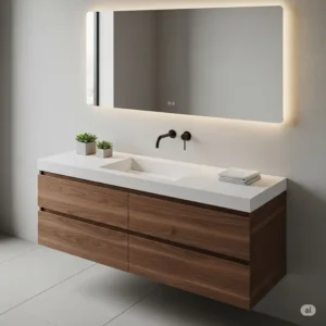 "Stylish walnut bathroom vanity featuring a seamless integrated sink, providing a clean, minimalist look and easy maintenance."