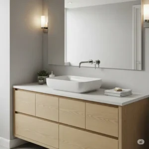 A unique white oak bathroom vanity topped with a contemporary white vessel sink, adding a sculptural element and a touch of elegance to the design.