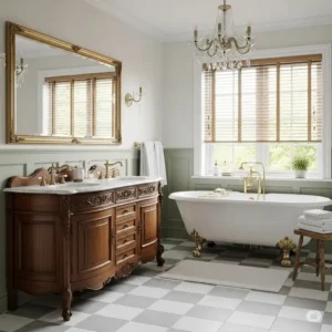 A beautifully coordinated bathroom featuring an antique-style vanity placed alongside a classic clawfoot tub.
