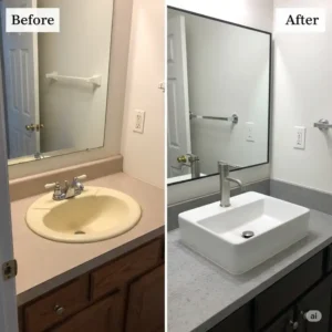 A visual comparison of a bathroom before and after a renovation, showcasing how a new drop in bathroom sinks and faucet completely transform the look of the vanity.