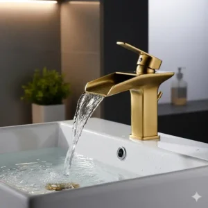 A brushed gold bathroom faucet with a unique waterfall spout, showing the gentle cascade of water for a tranquil bathroom experience.